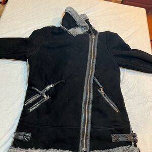 Black Shearling Jacket with Zipper Details faux suede size small
